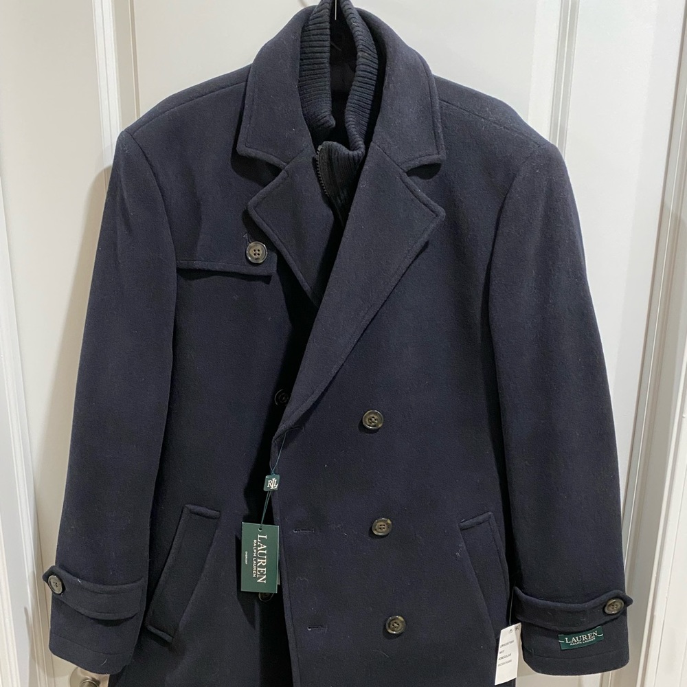 Men’s Ralph Lauren navy pea coat.